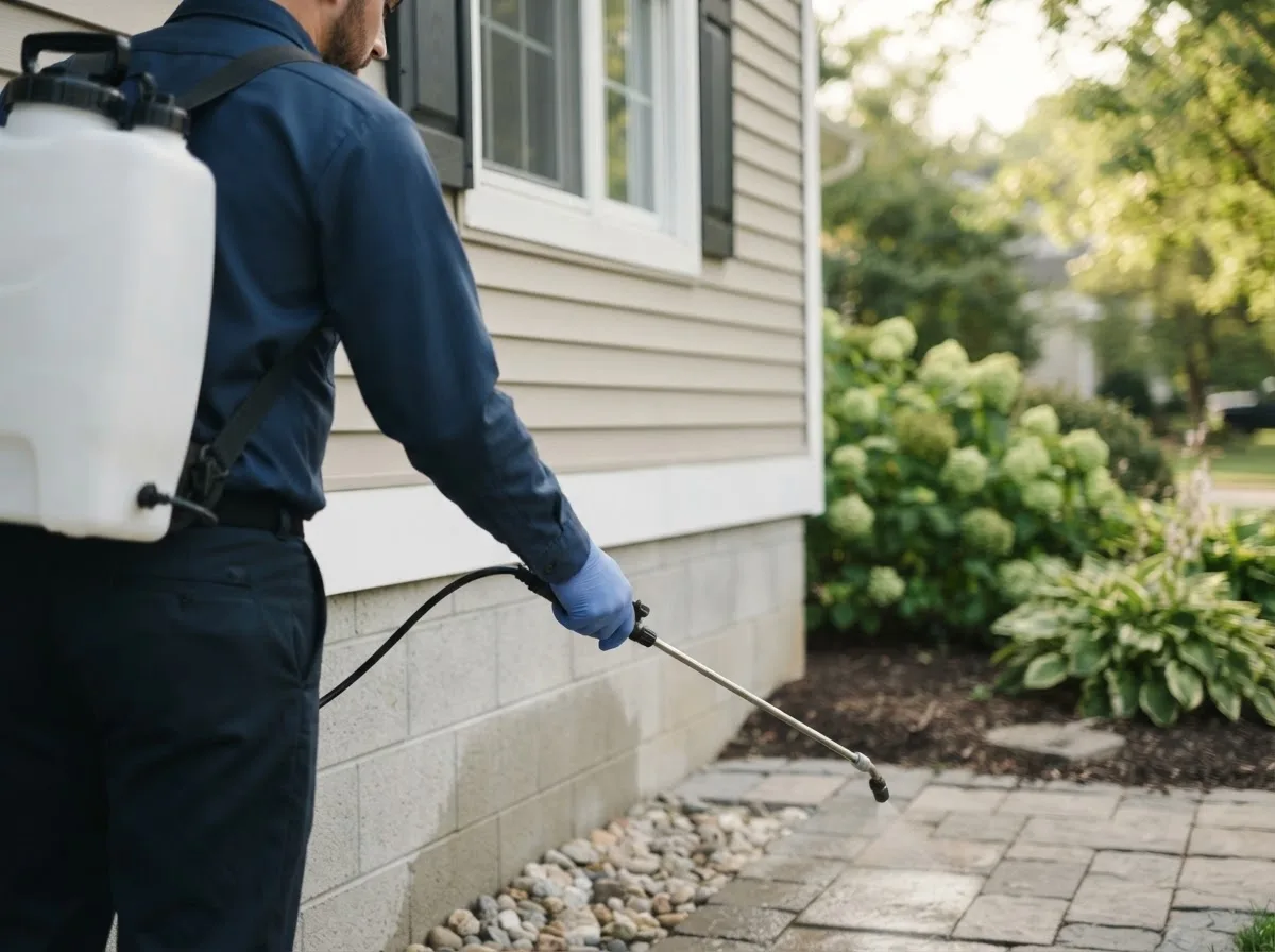 Pest control technician inspecting a home in Russellville, MO